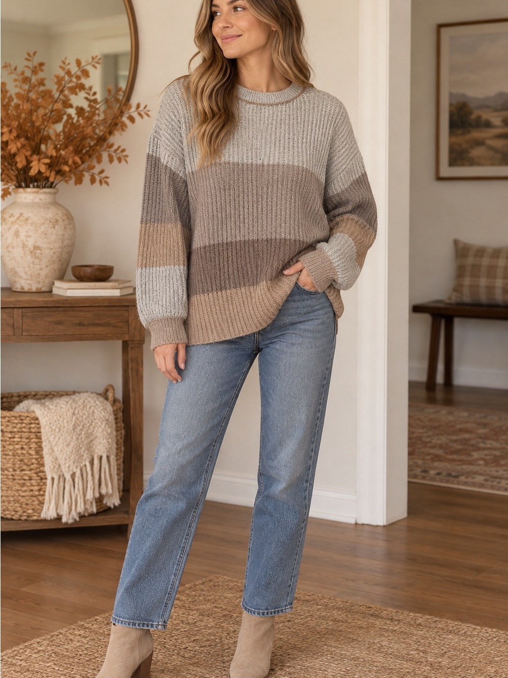Hem & Thread Color Block Chunky Knit Sweater Size Large NWT